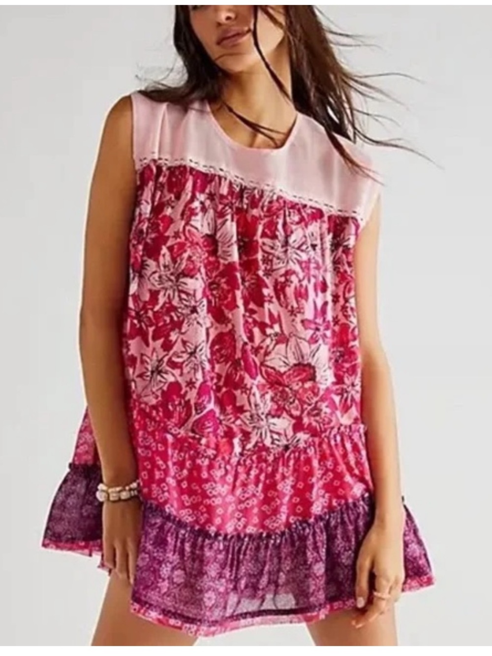 Free People Angelica Purple Pink Floral Print Tiered Mini Dress or Tunic